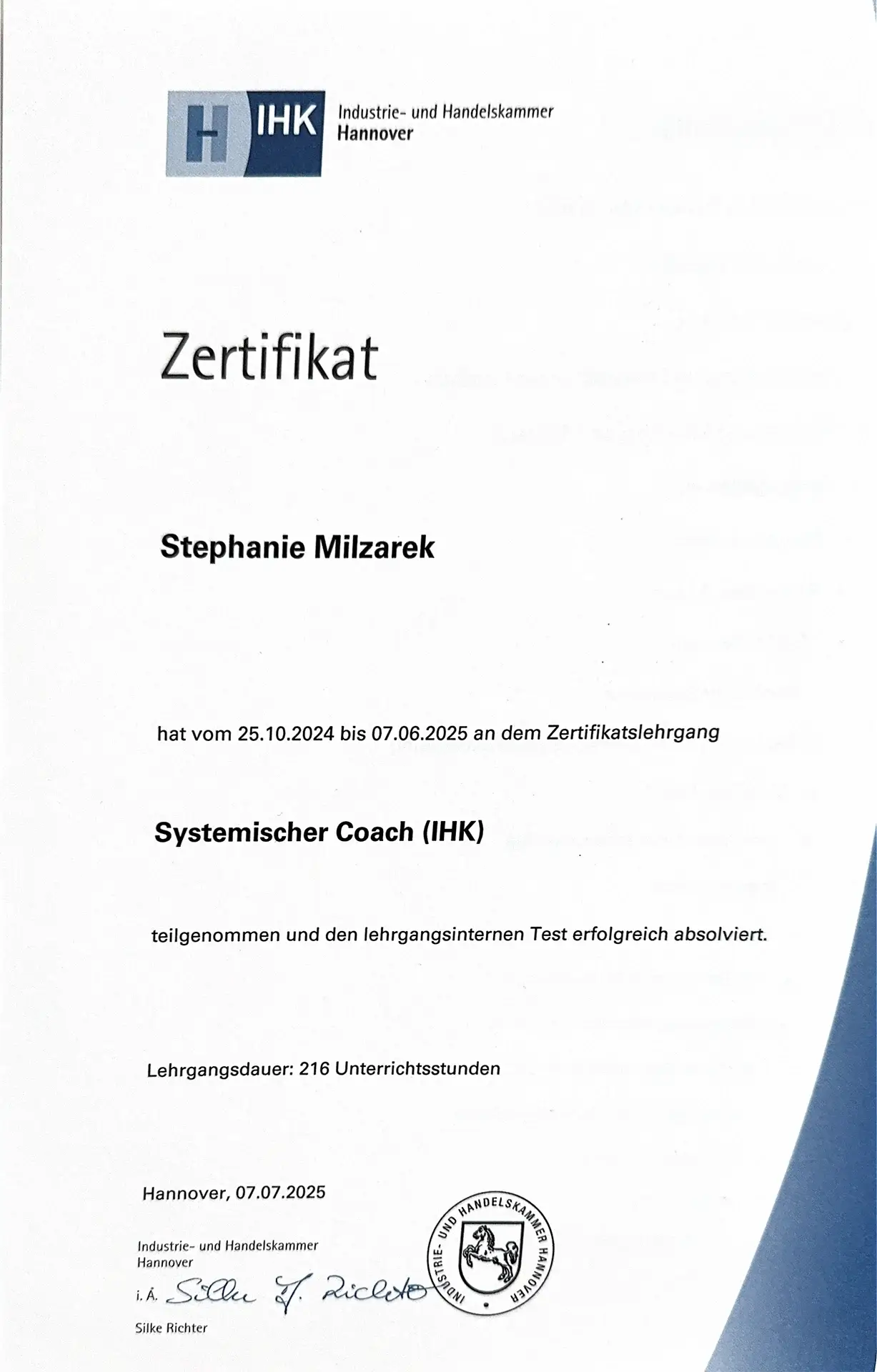 Zertifikat Stephanie Milzarek Systemischer Coach (IHK)