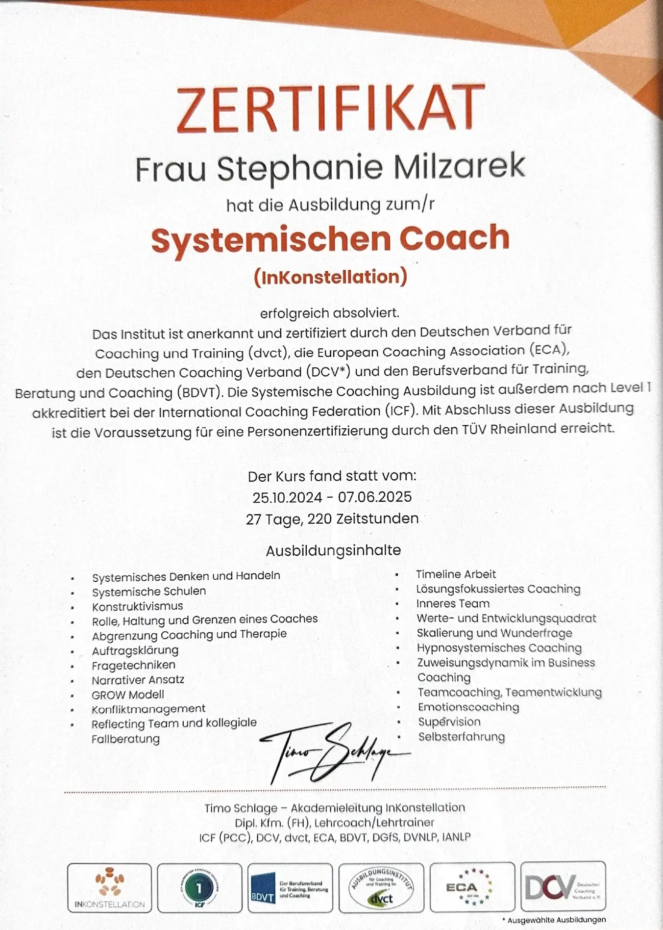 Zertifikat Stephanie Milzarek Systemischer Coach (InKonstellation)