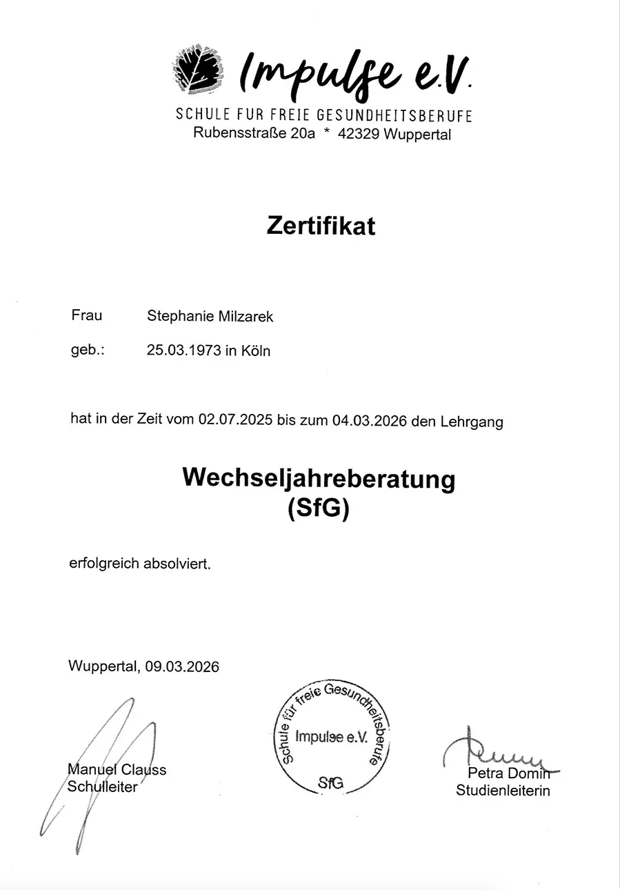 Zertifikat Stephanie Milzarek Wechseljahreberaterin Impulse e.V.